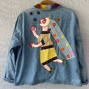 Vintage Chico’s Denim Jacket Whimsical Folk Art Embroidered Woman Stars Beaded M
